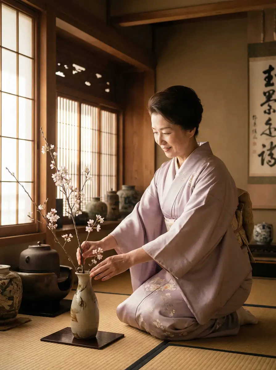 一位优雅的 91黑料 在和室中插花